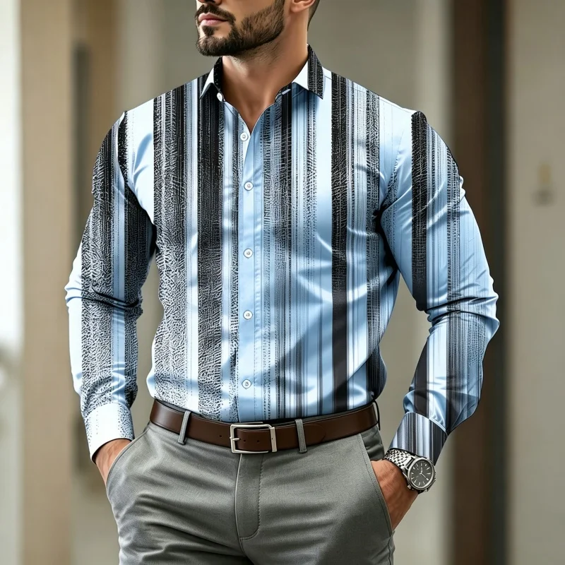 High quality men's shirt with vertical stripes, business casual long sleeved top, color blocking design, slim fit shirt XS-6XL