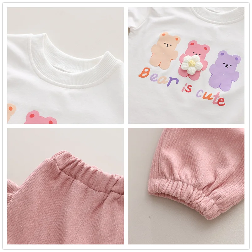 Spring Children Clothing Sets Baby Girls Coat T Shirt Pants 3 Piece Suit Kids Sportswear Cartoon Bear Infant Clothes Outfits