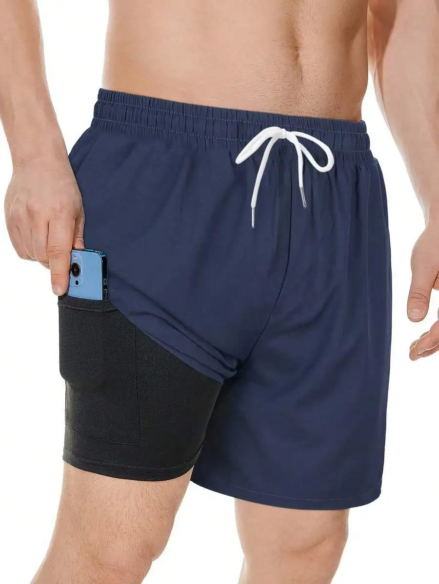 

Men's Fashion Sports Solid Color Digital Print Drawstring Shorts With Compression Liner & Pockets, 2-In-1 Plus Size Beach Pants