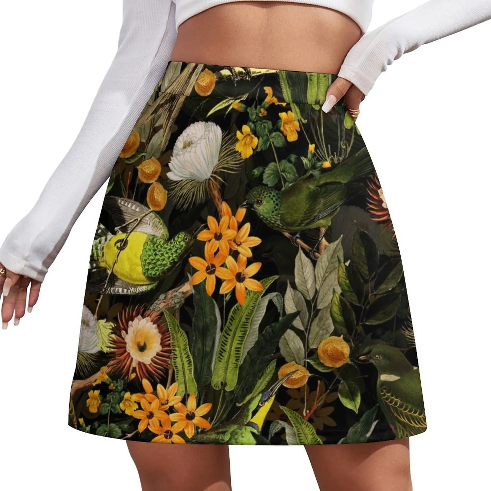 Birds In Tropical Flower Garden - black Mini Skirt School uniform cosplay elegant dresses for women japanese fashion Mini Skirt