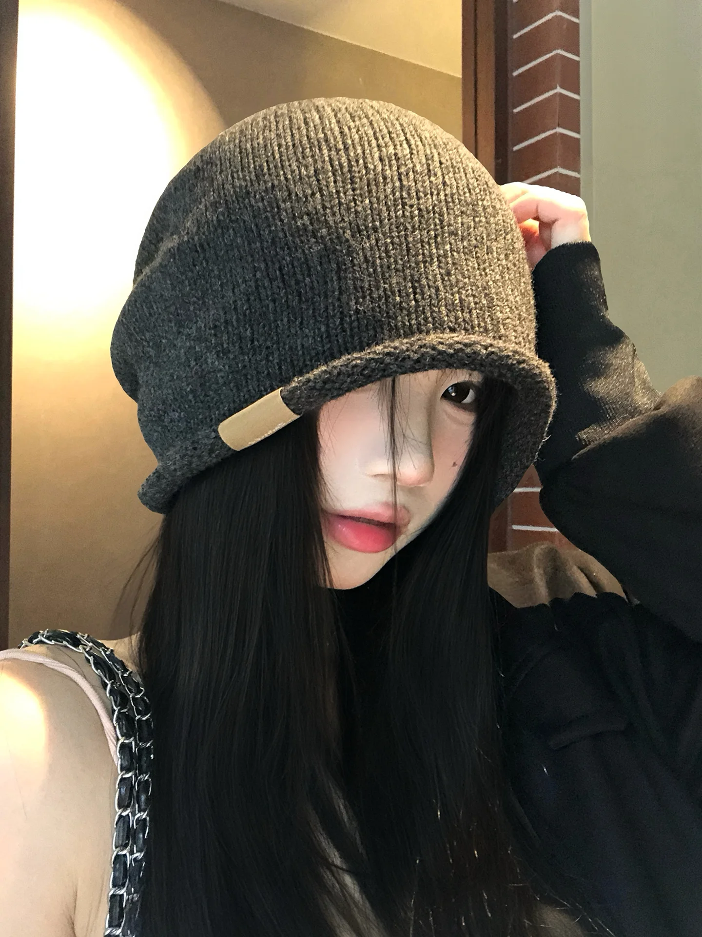Korean Lazy Style Grey Cuffed Knitted Cold Cap Women's Autumn Winter New Warmth Prevention Ear Protection Knitted Wool Hats