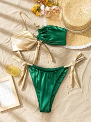 sexy satin one shoulder green patchwork bandeau bikinis sets two pieces tie thong swimsuits beachwear bathing suit swimwear