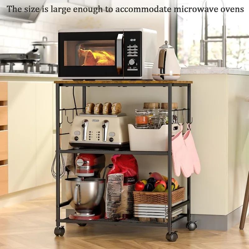 Rolling Kitchen Microwave Cart, 3 Tier Microwave Table Stand with Storage, Kitchen Utility Cart on Lockable Wheels, Small Coffee