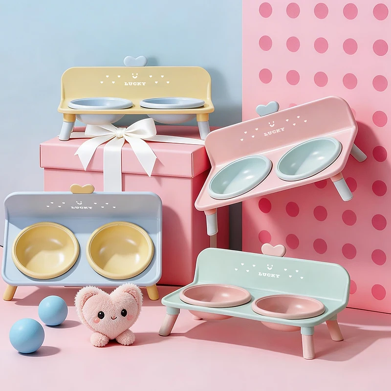 1PC Macaron Series Heightened Pet Bowl with Neck Protection And Splash-Proof Barrier High Aesthetic Value Cat Bowl