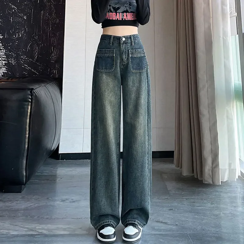 American Style High-waisted Wide-leg Jeans Grey Concrete Pocket Design Unique Straight-leg Pants For Women Petite Drag Trousers