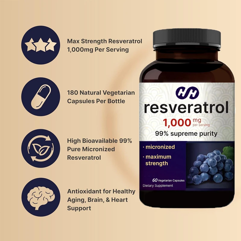 

99% Pure Trans Resveratrol 60 Capsules, Antioxidant, Healthy Aging, Brain and Heart Support - Non Genetically Modified
