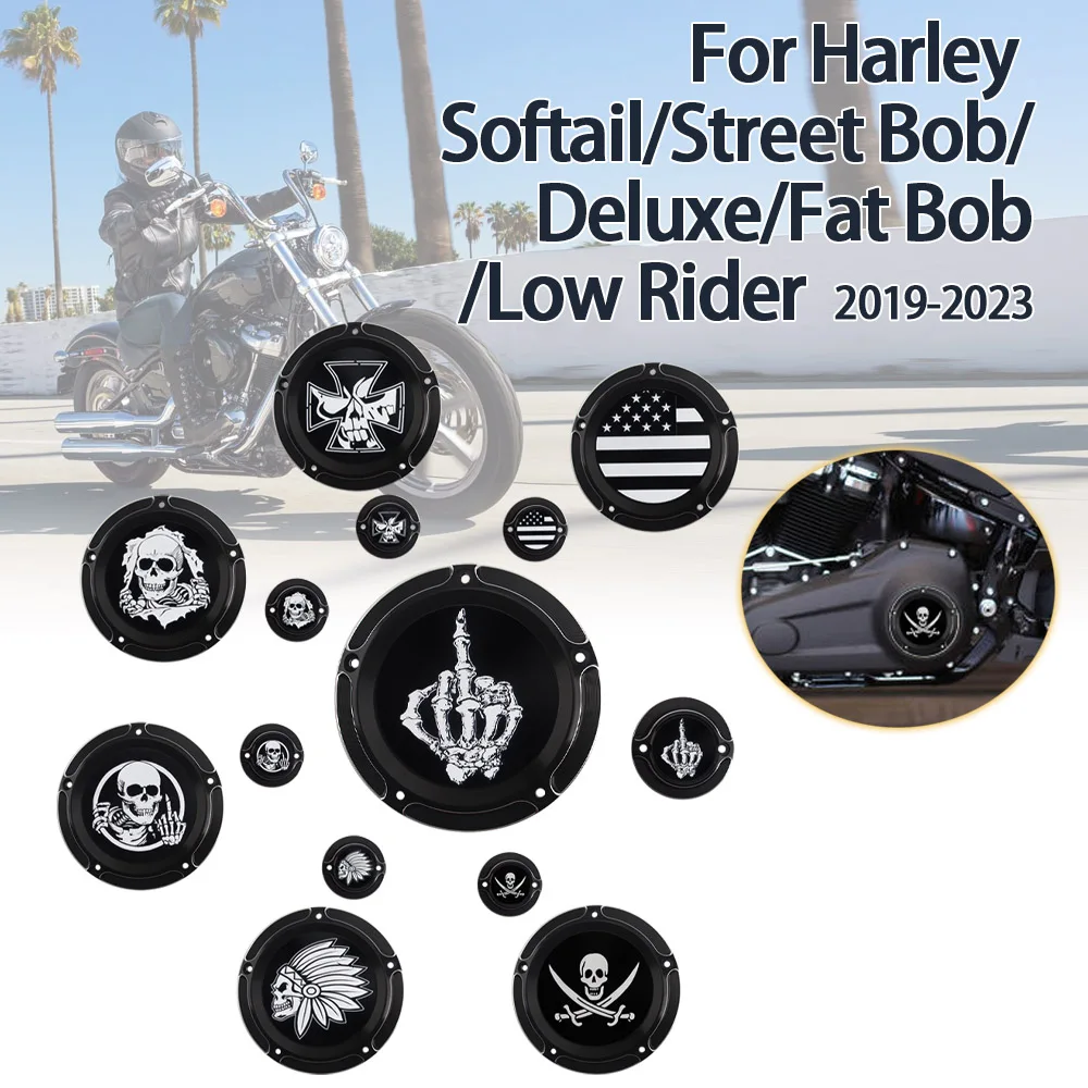 Black Derby Timing Covers Skull Engine Derby Cover Clutch Side Covers Fit For Harley Softail Heritage FLHC 107 FLSL FXST Fat Boy