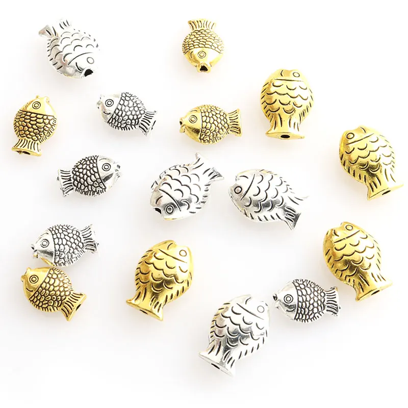 Mix 10pcs Fish Spacer Beads Charm 2 Colors Fish Small Hole Metal Loose Bead for Jewelry Making Necklace Bracelet DIY Accessories