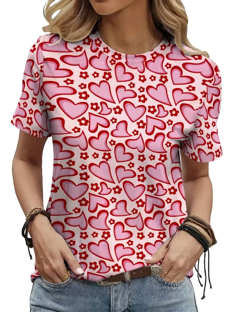 Casual manga curta leopardo amor tshirts topo feminino senhoras dia dos namorados crianças t camisa coração impressão tripulação pescoço camiseta para mulher