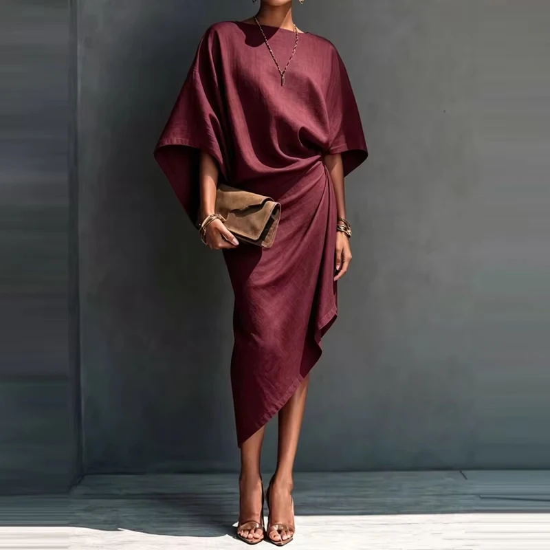 Lady Casual Batwing Sleeve Pleated Party Dress Fashion High Waist Solid Maxi Dress Autumn Elegant O-neck Asymmetrical Long Dress
