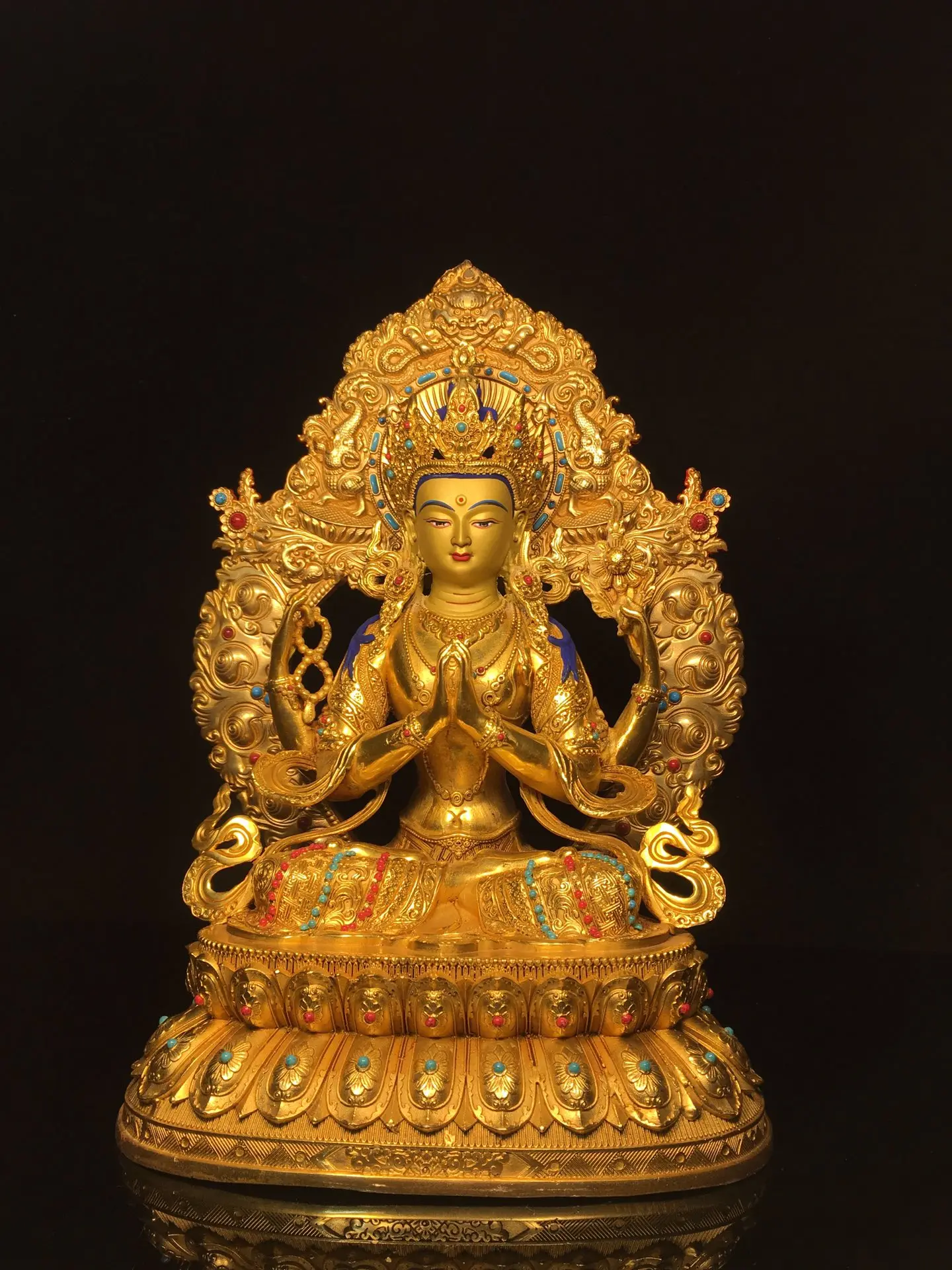 Old Bronze Gilded Painted Face backlight Four-Armed Guanyin Lotus Buddha Altar Seated Buddha Amitabha Worship Hall Town house