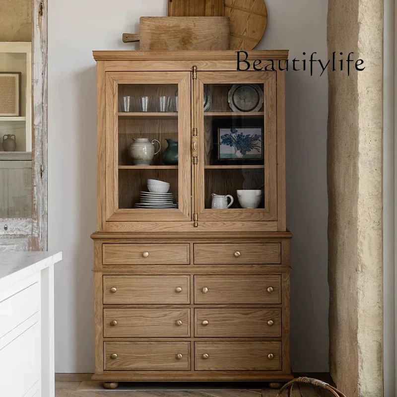 

French retro solid wood dining side cabinet small apartment living room wall integrated storage American medieval style