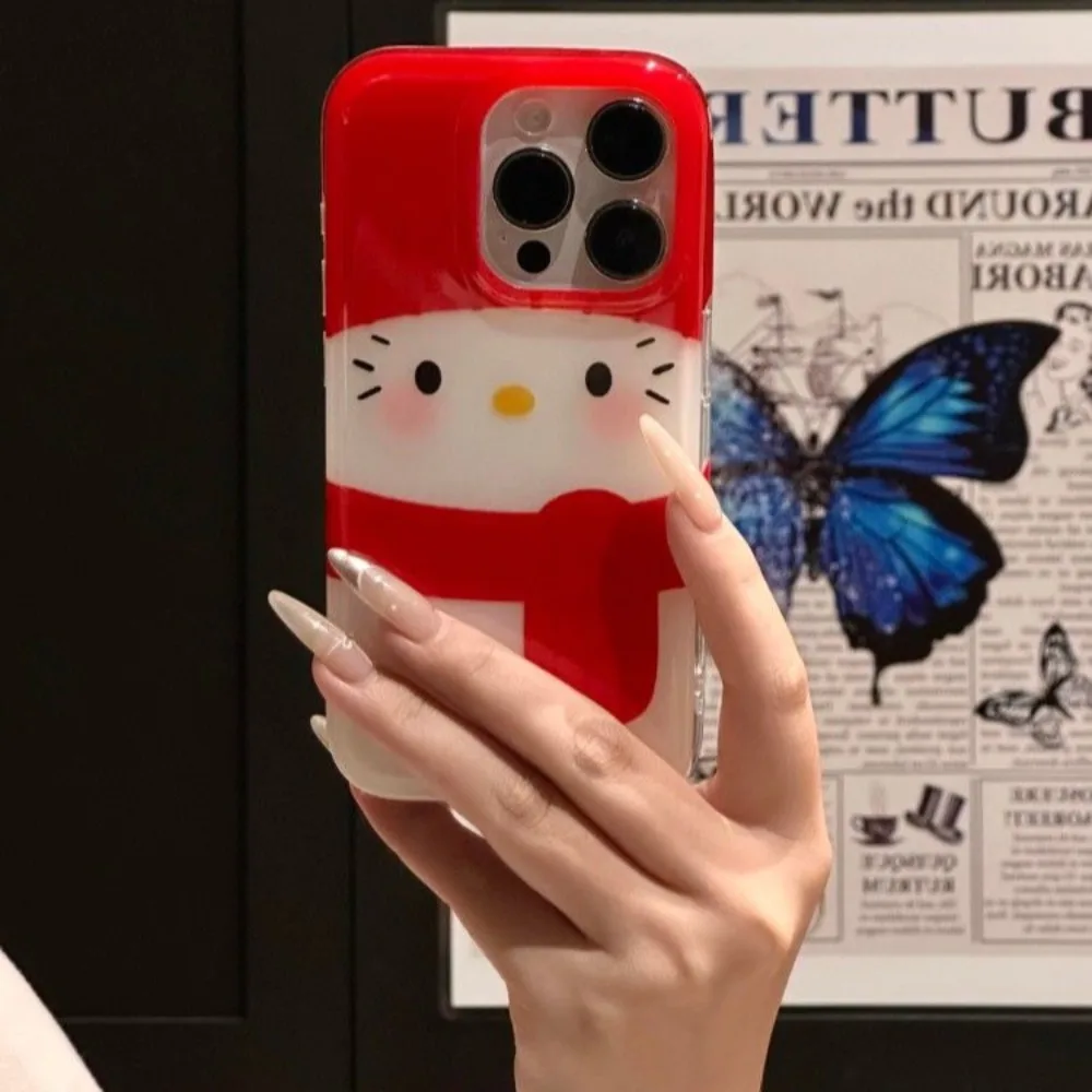 Sanrio Hello Kitty Bow Kawaii funda de teléfono con soporte para IPhone 16 15 14 12 13 11 Pro Max XR XS MAX 7 8 PLUS MINI Y2K bufanda de Navidad