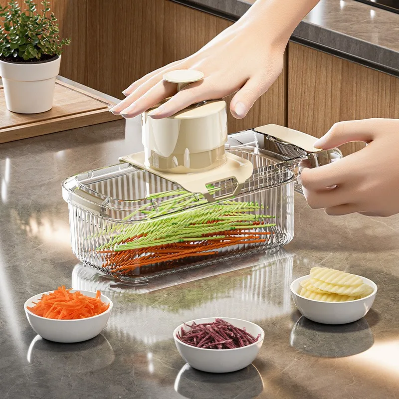 Adjustable Mandoline Slicer with Container, Safe Vegetable Grater and Shredder for Home Cooking