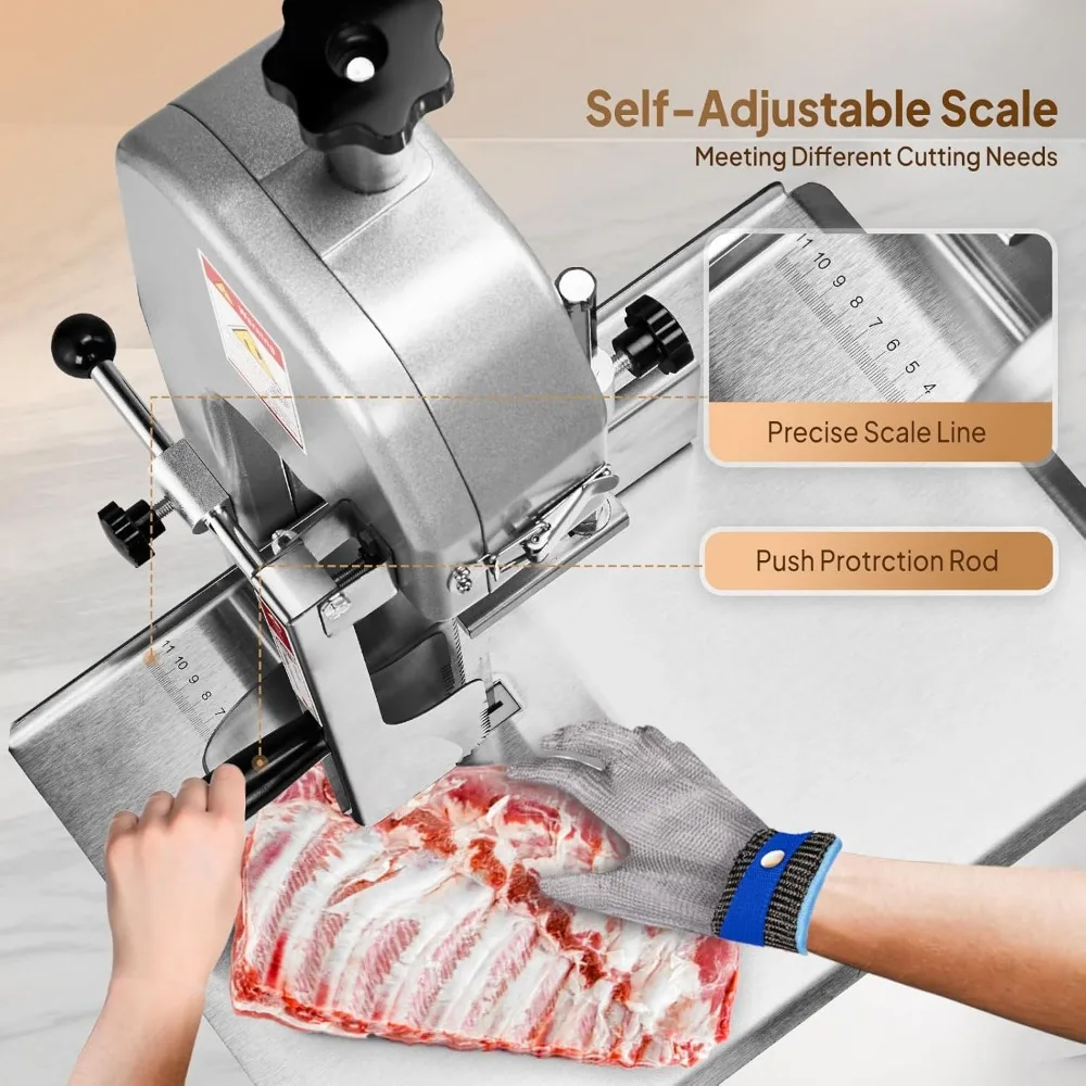 Máquina elétrica de serra de osso de grau comercial 750W para carne congelada, espessura de corte de 0,16-7,9 polegadas, 6 lâminas incluídas