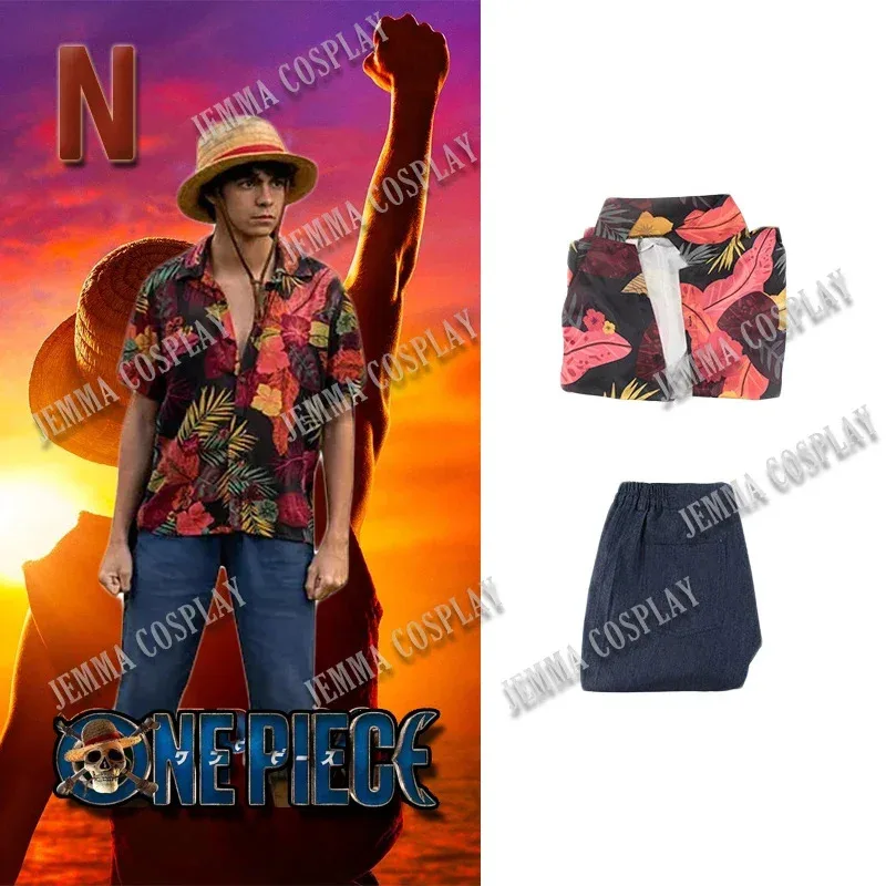 Serie de televisión japonesa Drama Luffy Cosplay camisa Floral disfraz de pirata disfraces de Halloween para hombres ropa de Anime actuación de fiesta