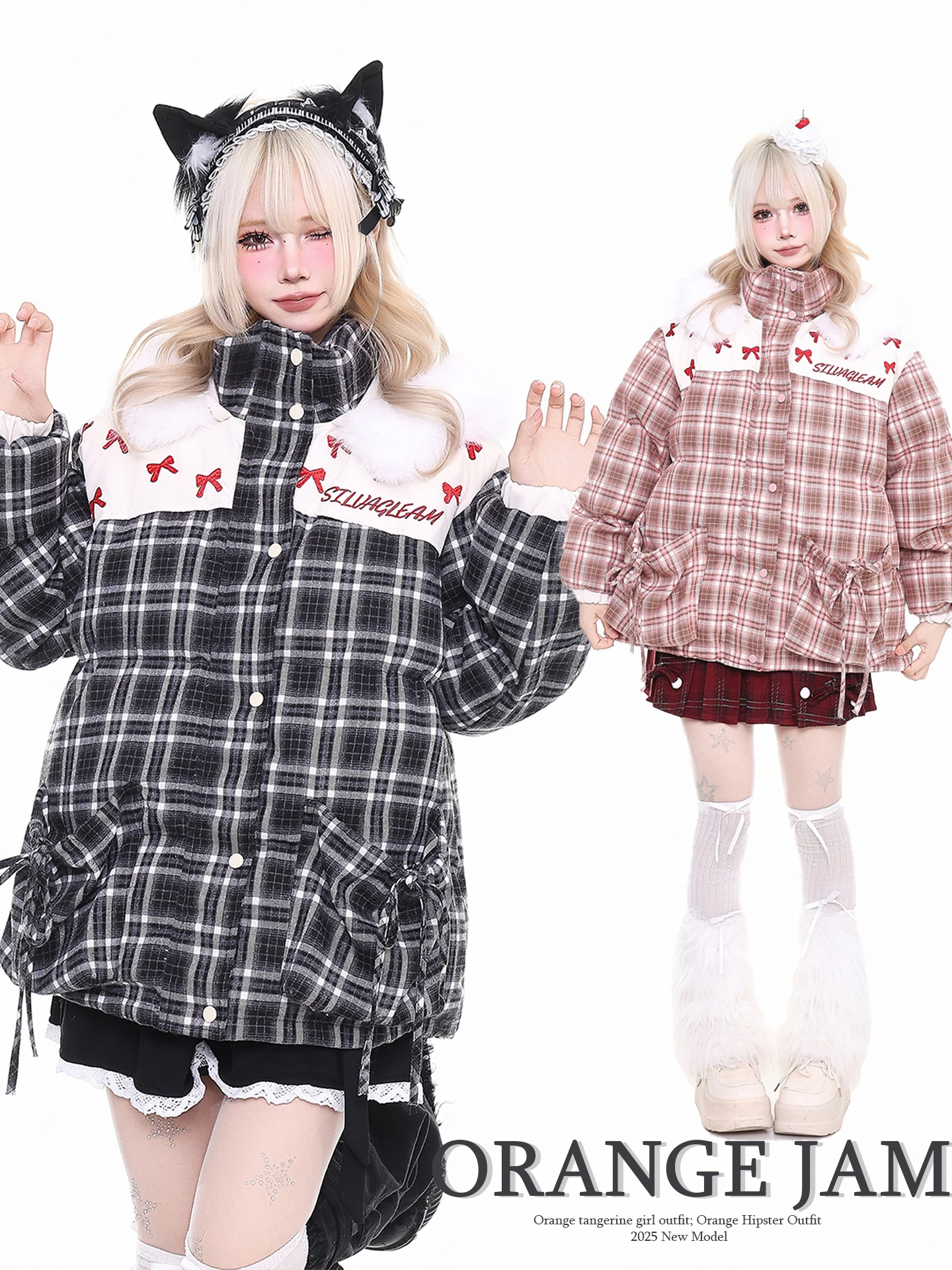 

Japanese Sweet Sle Orange Jelly Thiened Hooded Cotton Jaet Women's Winter Loose Warm Coat with Fur Collar Plaid Pattern
