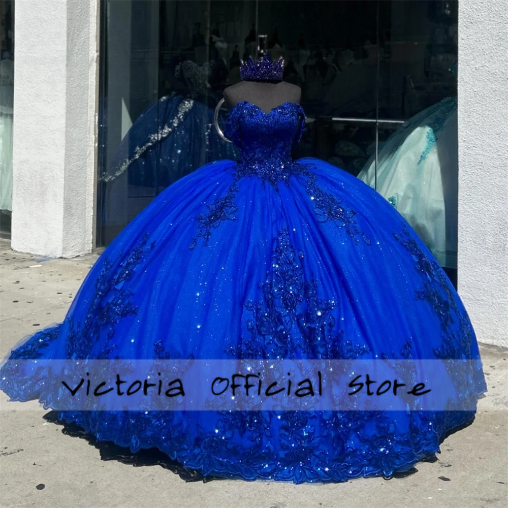 Luxious Royal Blue Beaded Lace Applique Off The Shoulder Quinceanera Dress Ball Gown Mexican Birthday Lace Up Sweet Customized