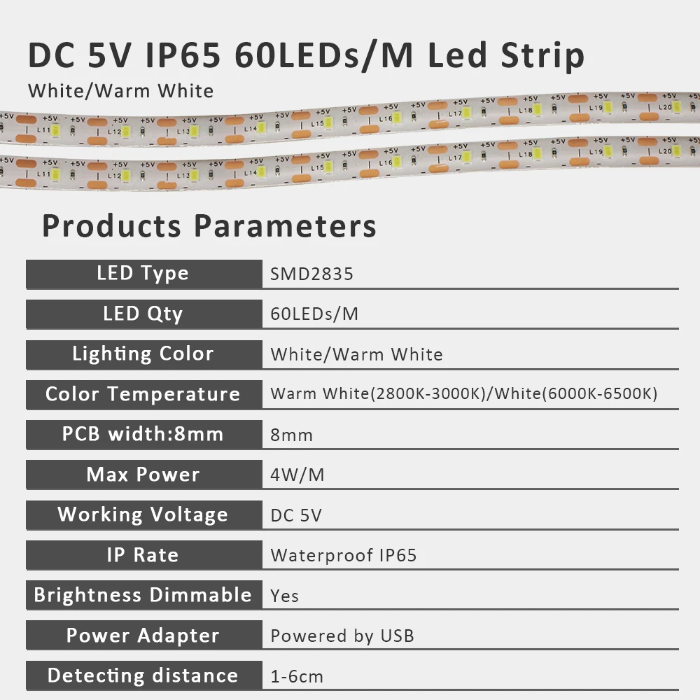 5V 1M 2M 3M 2835 USB LED Strip Light with Hand Sweep Motion Sensor Waterproof Tape Lamp Ribbon for TV Kitchen Cabinet Decoration