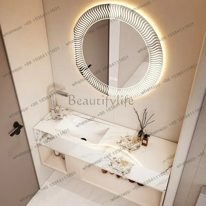 LJY Modern Bathroom Vanity Cabinet Sink Small-sized Bathroom Cabinet with Smart Round Mirror Rock Ceramic Basin Bathroom Furnitu