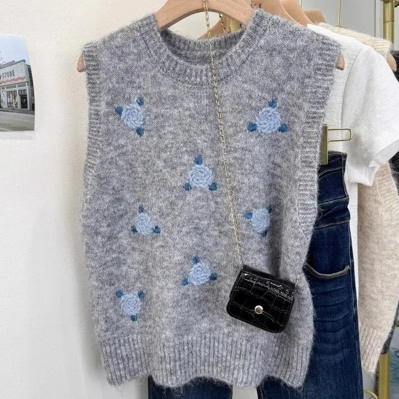 

Серый вязаный жилет с цветочной вышивкой, пуловер с круглым вырезом, женский свитер без рукавов на осень и зиму 2025