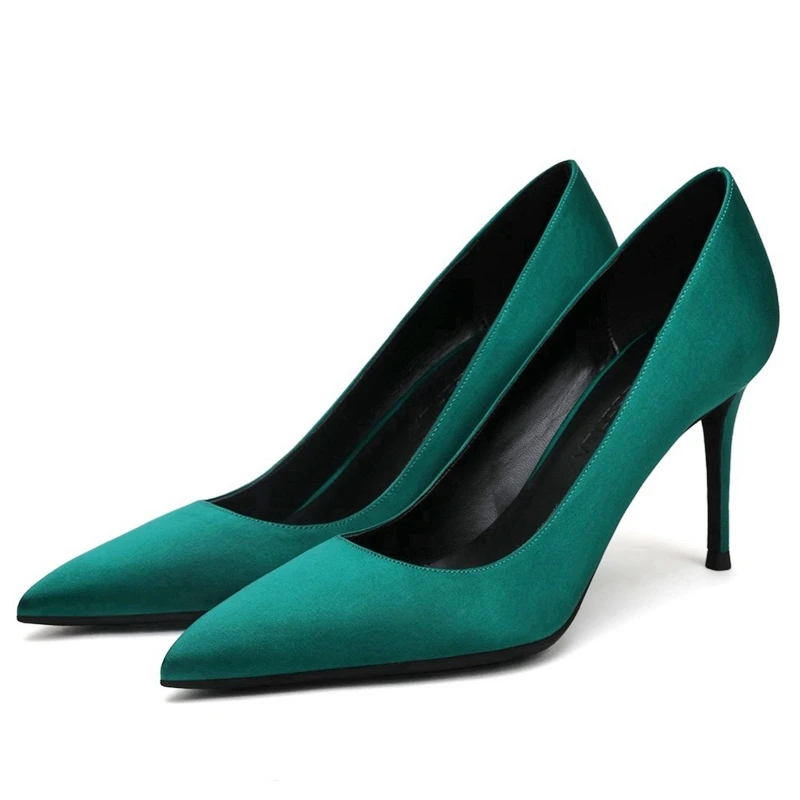 

Elegant Lady Pumps High Quality Silk Pointed Toe 6CM/8CM/10CM Thin High Heels Classic Party Office Dress Women Shoes Green E0041