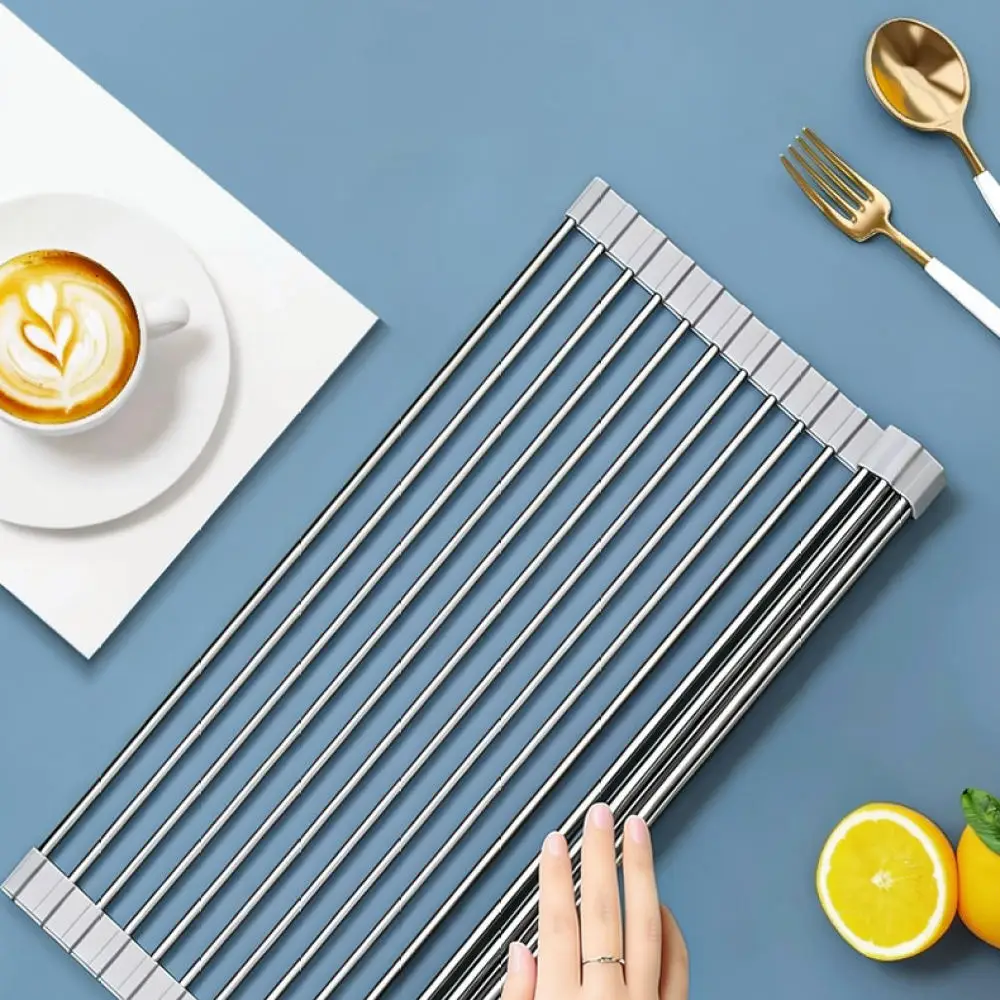 Foldable Dish Drainer Rack Kitchen Sink Stainless Steel Roll Up Drying Organizer Silicone Edge Countertop Storage Basket