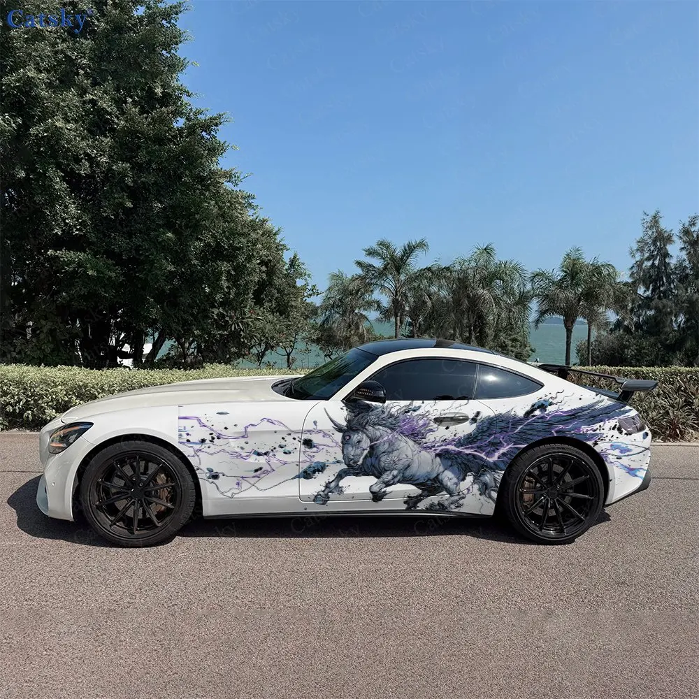 2pcs Purple Lightning Nightmare Pegasus, Durable, Fade-resistant, Enhance Vehicle Aesthetics With Artistic Design Car Vinyl Wrap