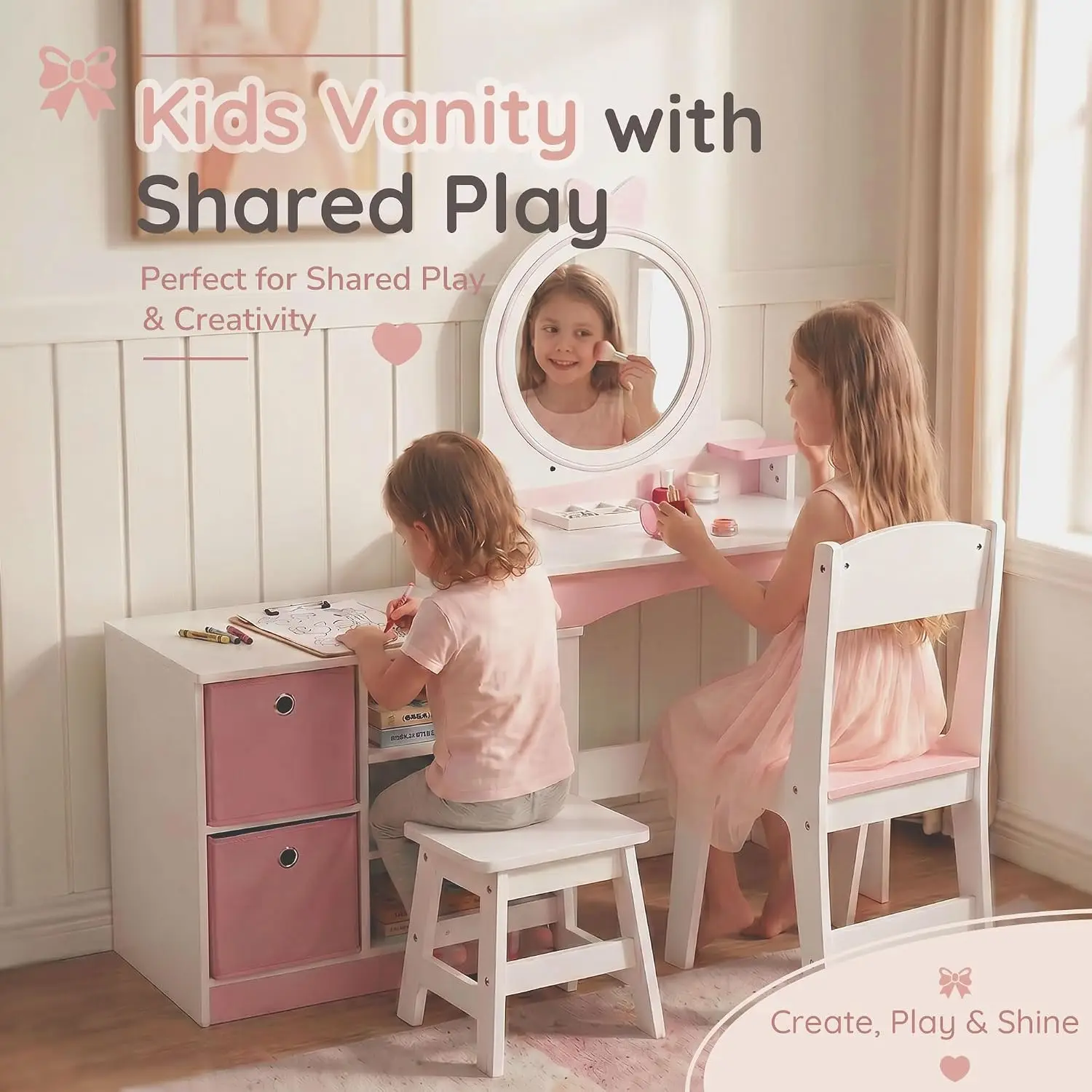 Kids Vanity with Mirror & Lights, Wooden Dress-Up Station with Chair, Dual-Height Desk with 2 Drawers & 3 Shelves, Customized