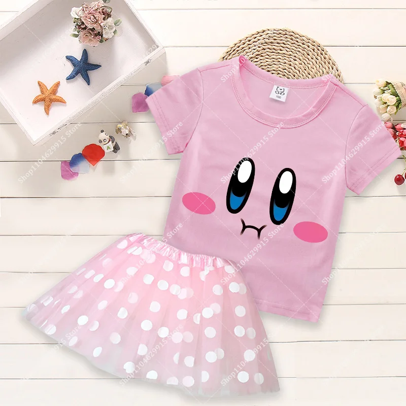 Robe T-shirt Star Kirbys, ensemble de mode d'été à chiffres 1-9, imprimé à pois, col rond, dessin animé Kawaii, vêtements roses, cadeau d'anniversaire