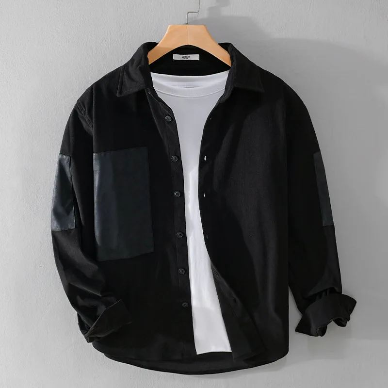 Retro Spring Autumn Corduroy New Patchwork Men's Polyester 100% Daily Casual Shirts For Men Loose High Street Clothes Tops