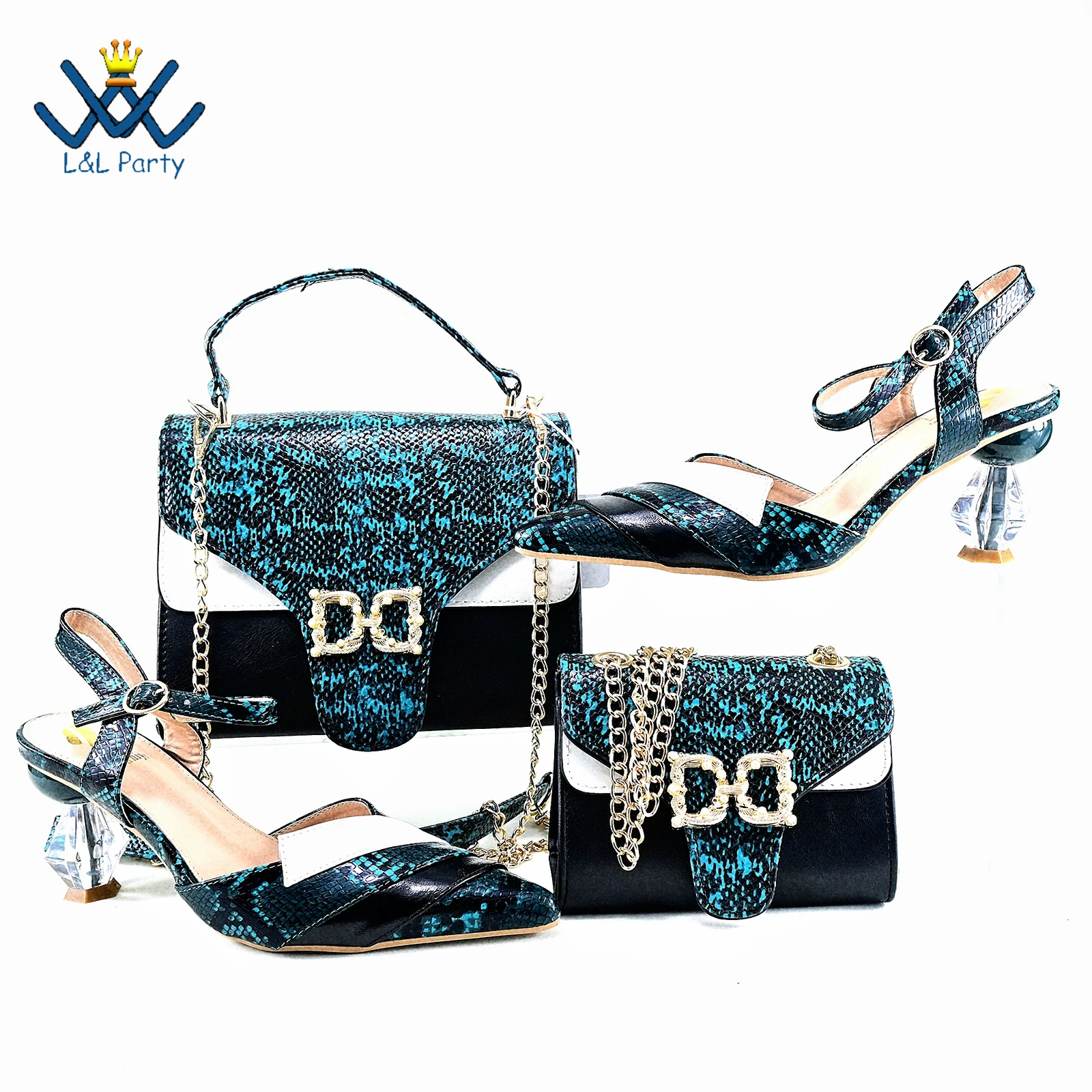 2024 British Style Newest Italian Women Shoes and Bag to Match in Teal Color Leopord Special Pu Pumps for Wedding Party