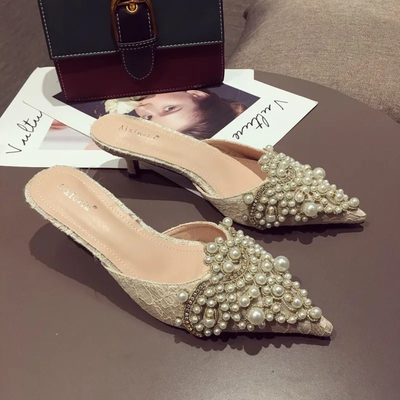 Large Pearl Women Shoe Autumn Lace Rhinestone Mid Heel Half Slipper Sandals Fashion Muller Shoes Casual Versatile Single Shoes