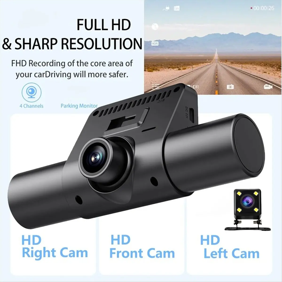 newT77 2.0-Inch Car Quad-Record HD Night Vision Tachograph Car Front and Rear Left and Right Simultaneously Recording