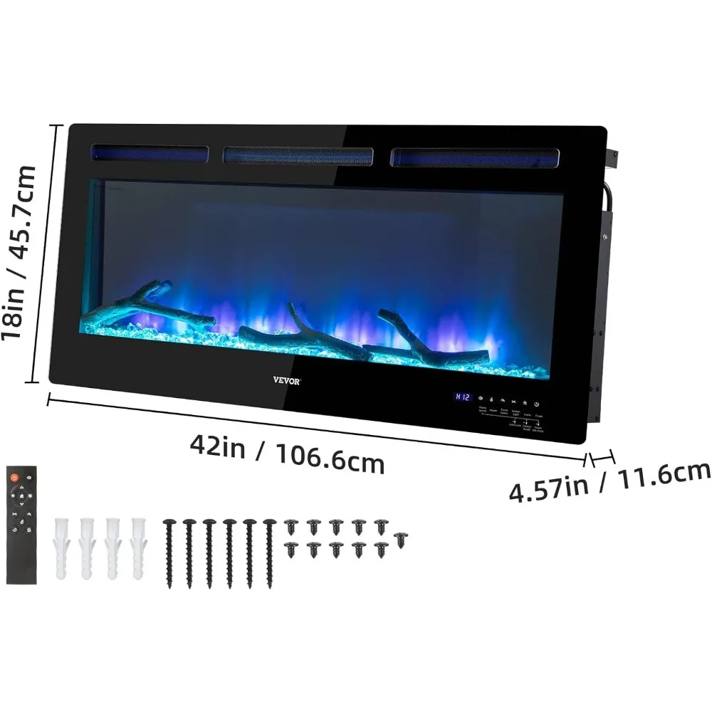 Chimenea eléctrica empotrada y montada en la pared, 42 pulgadas, colores de llama ajustables y velocidad con Control remoto y temporizador, 1500 W