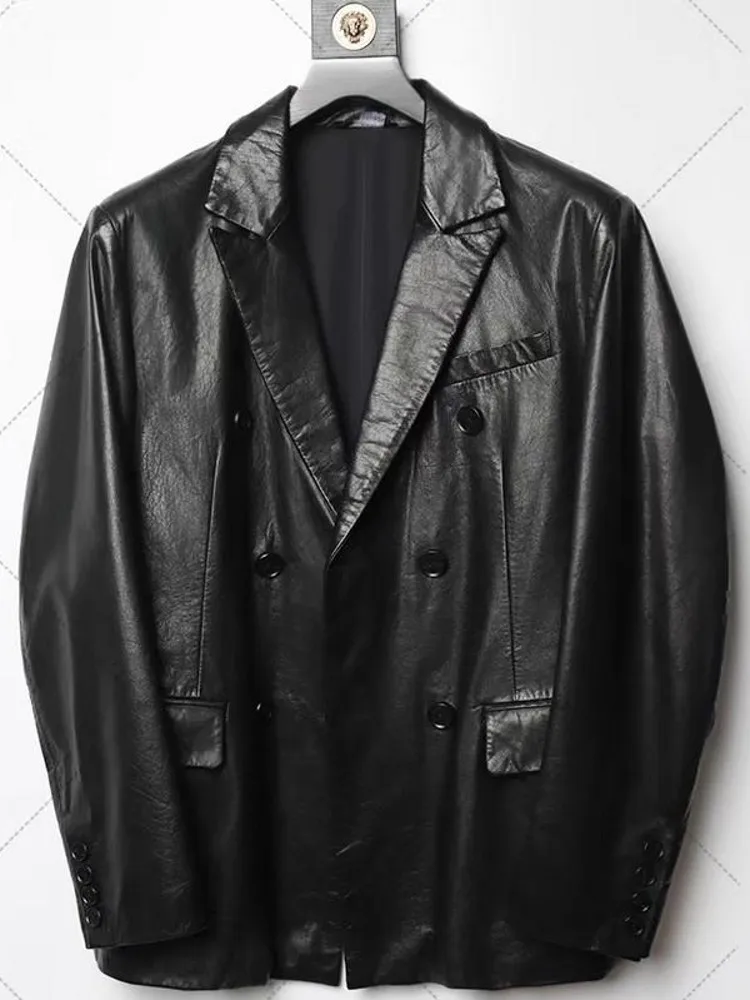 Men Business Work Slim Fit Double Breasted Suit Coat Oil Wax Cowhide Genuine Leather Jacket Spring Autumn Blazer Plus Size 6XL