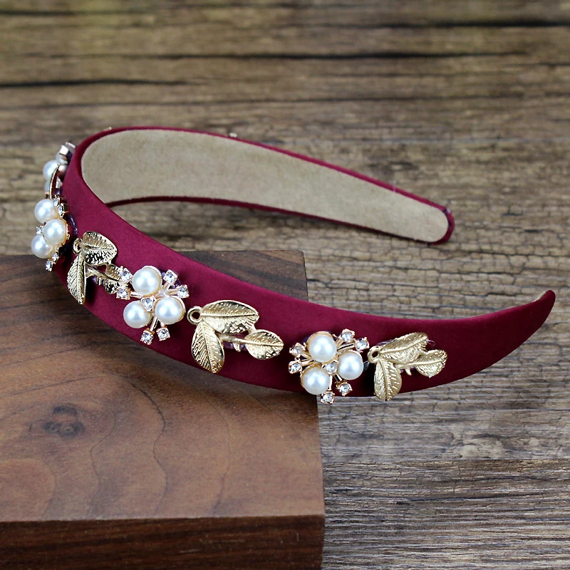 shiny crystal and pearl girls hairbands gold color leaf headbands for women trendy hair jewelry