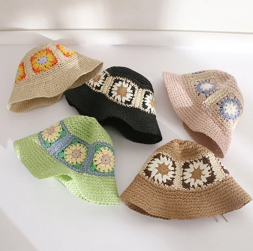 Japan Korea Crochet Beach Straw Hat Women Summer Flowers Grid Pure Hand-woven Hat Sunshade Fisherman Breathable Bucket Gorras