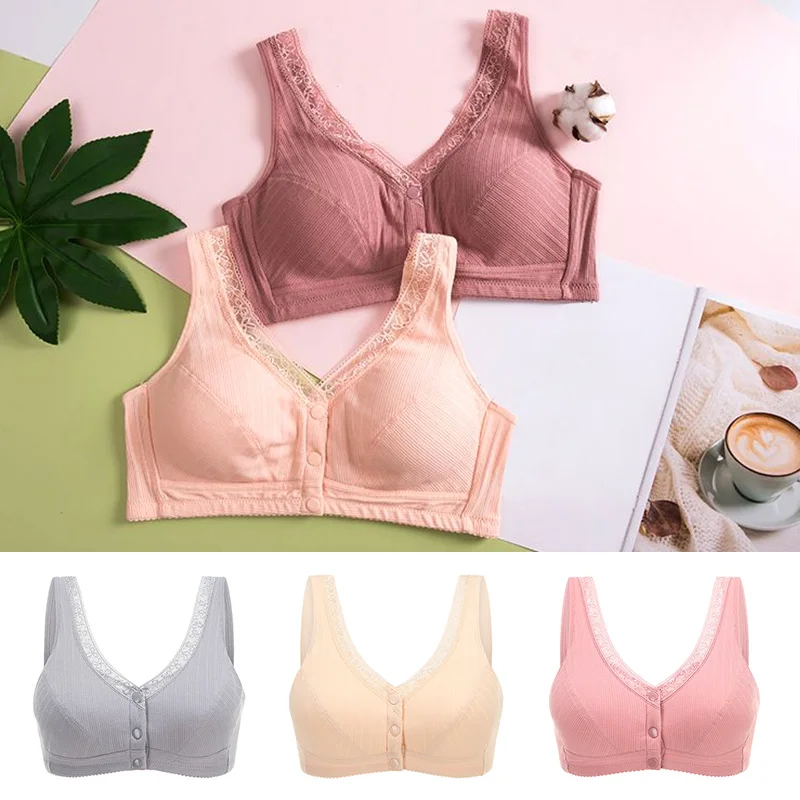 

Middle-Aged Older Tube Tops Soft Underwear Vest-Style Bras Front Button Lace Cotton Bras Vest Brassiere