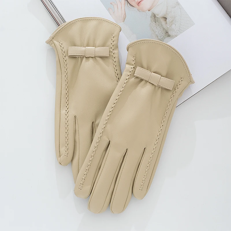 Fashion Women\'s Full Finger Plus Velvet Bow Leather Gloves Winter Outdoor Cycling Thick Warm Touch Screen Driving Mittens S185