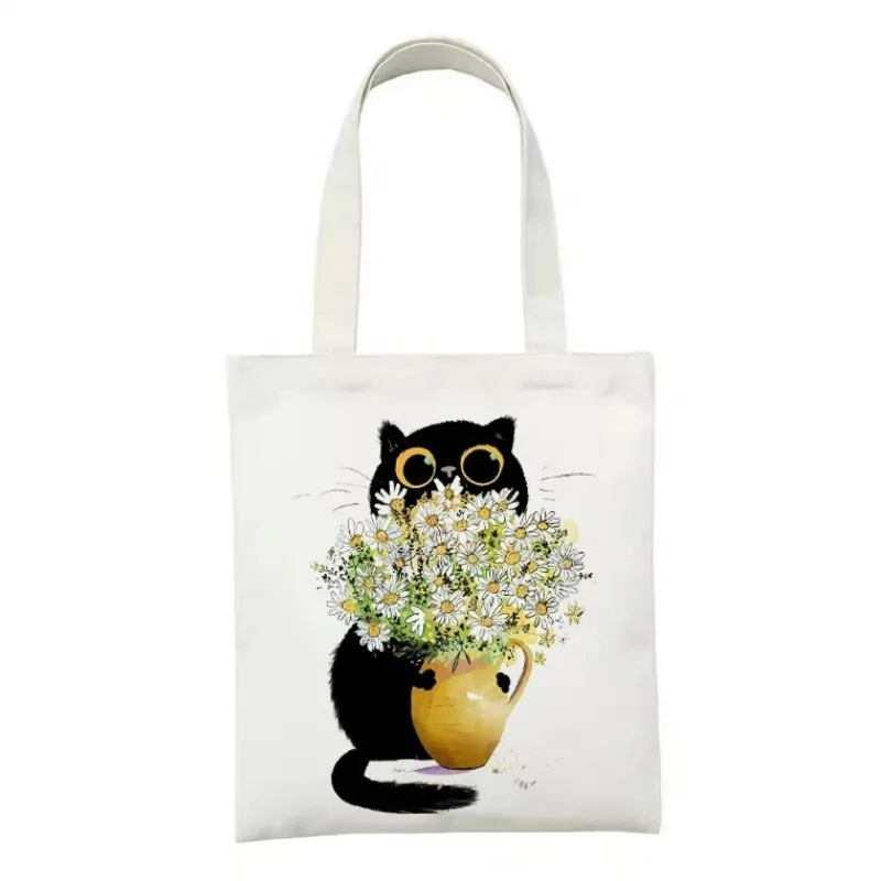 Black Cat Printed Canvas Tote Bag Foldable Harajuku Women Shoulder Handbag Eco Daily Shopping Bags Large Capacity Girls Handbags