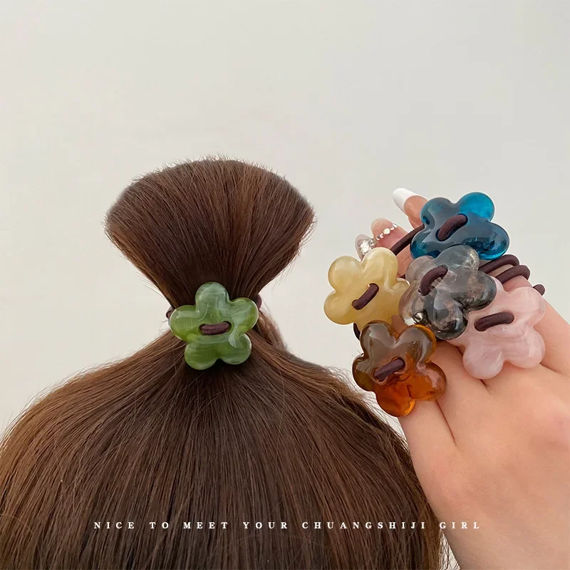 Lazos para el pelo de flores de Color gelatina para mujeres y niñas, colgante de botón de corazón acrílico degradado, soporte para cola de caballo, cuerda para el cabello