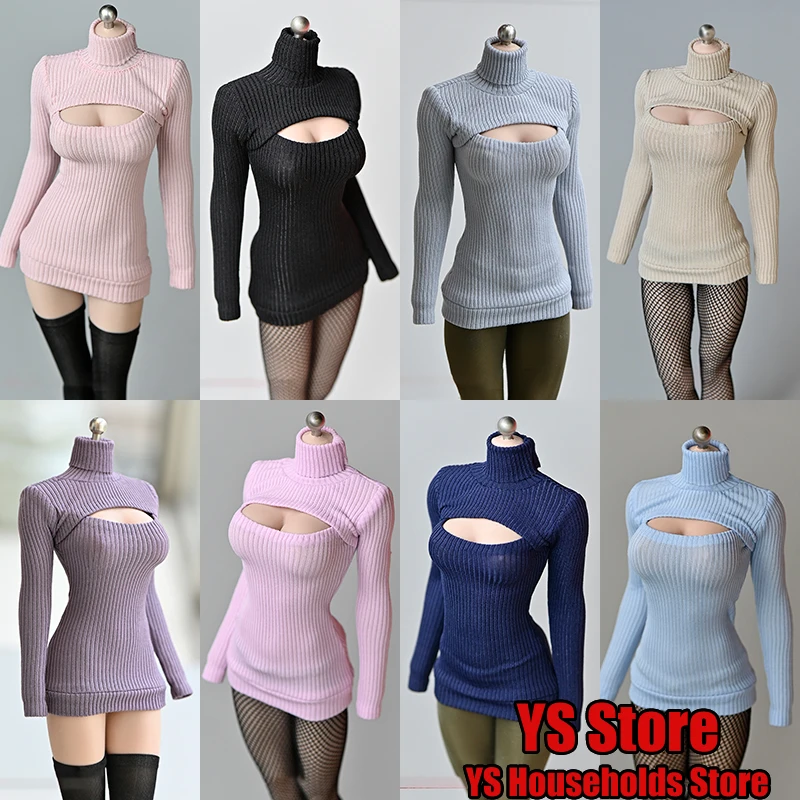 

In Stock 1/6 Female Soldier Open Chest High Collar Sweater Mini Long Sleeve Dress Tight Knitted Skirt for 12" Action Figure Body