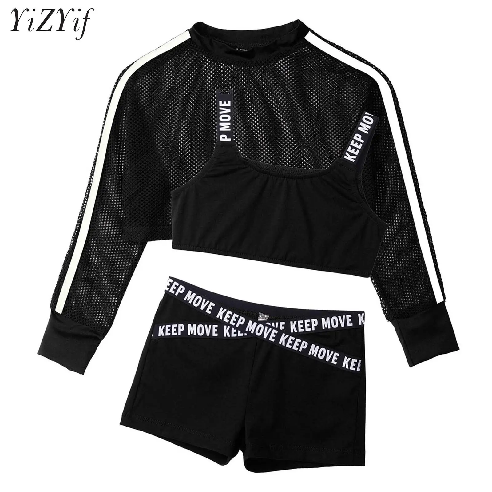 Kids Girls 3Pcs Kids Girls Hip Hop Casual Sport Outfit Long Sleeve Sheer Net Sweatshirt Crop Tank Tops and Shorts Tracksuit Set