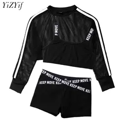 Kids Girls 3Pcs Kids Girls Hip Hop Casual Sport Outfit Long Sleeve Sheer Net Sweatshirt Crop Tank Tops and Shorts Tracksuit Set