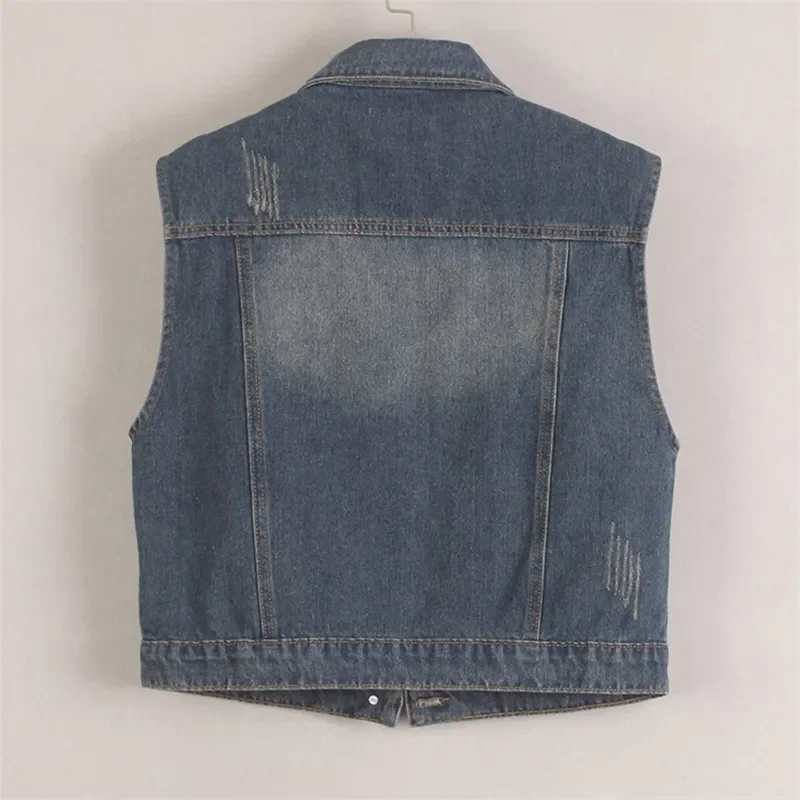 

Solid Color Slim Short Denim Vest Summer New Vintage Washed Dark Blue Frayed Burrs Lapel Sleeveless Cowboy Waistcoat Jacket