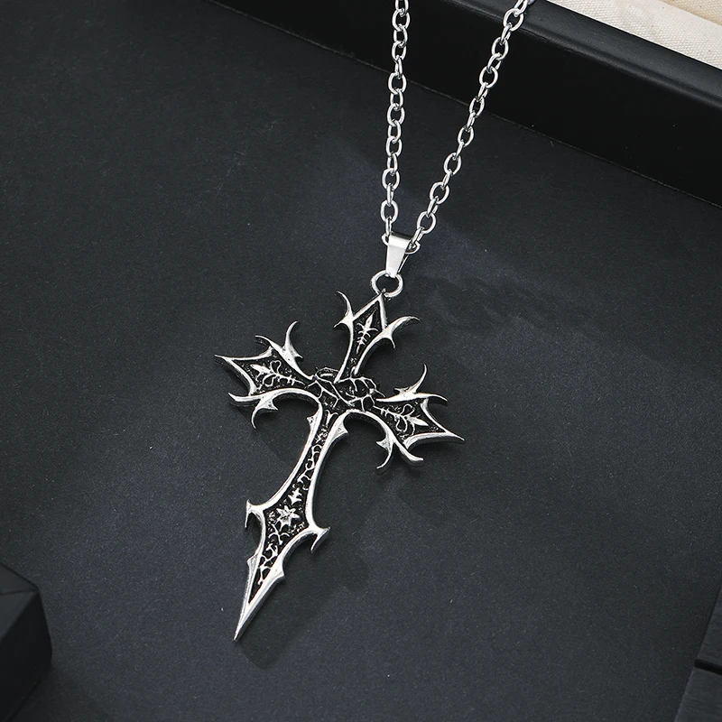 Vintage Gothic Cross Necklace for Men Punk Spike Cross Pendant Necklace Jewelry Cool Hip Hop Necklace for Birthday Gift