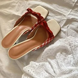 Design Shoes Retro Plaid Bow Sandals Kitten Heels French Style Peep Toe Shoes Mixed Color Sweet and Cute Women's Vocation Shoes