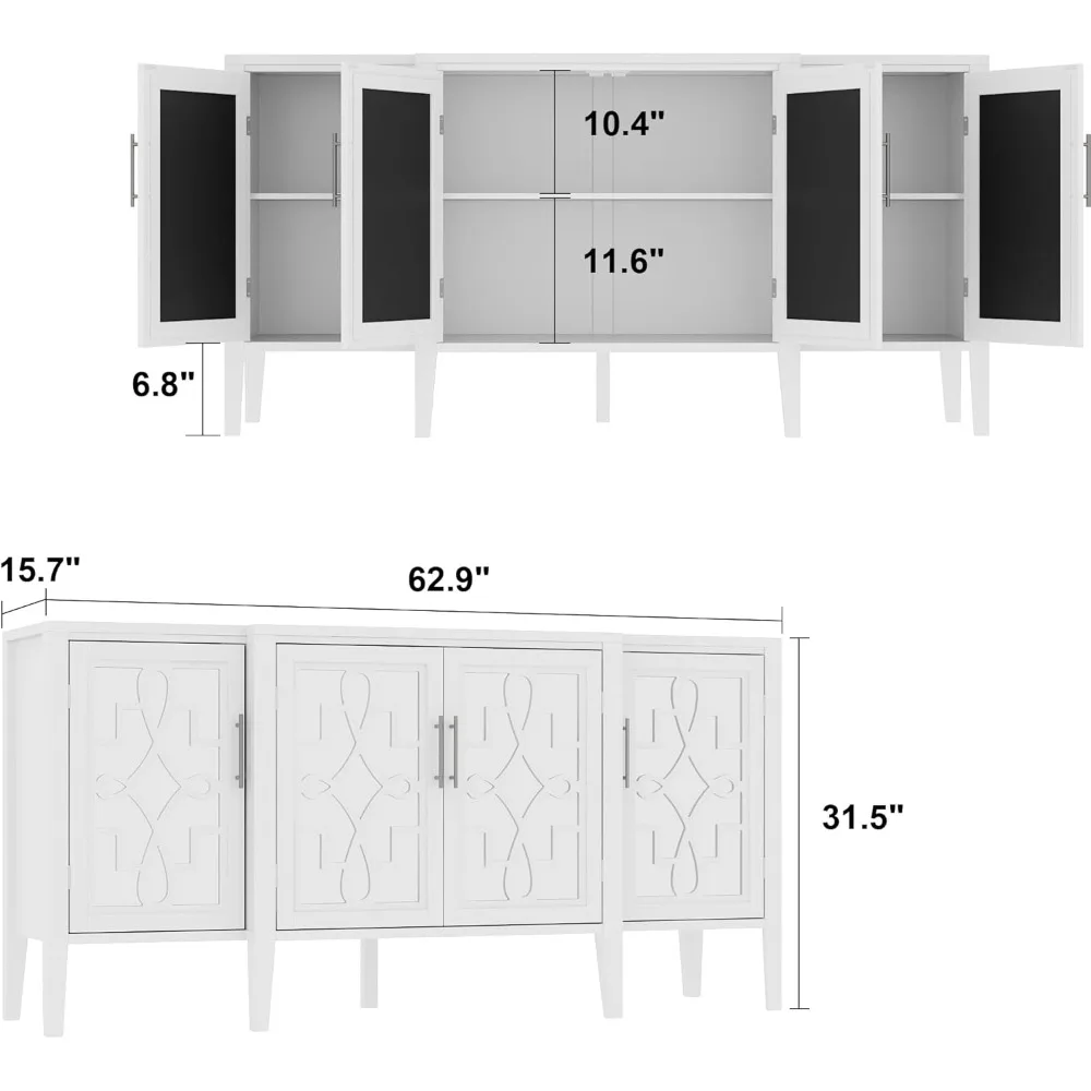 Convex Sideboard Buffet Cabinet with 6 Storage Compartments & 4 Carved Mirror Doors, Kitchen Console Table Storage Cabinet