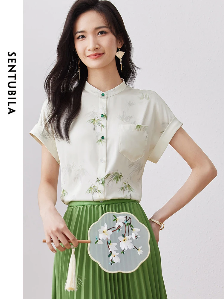 SENTUBILA Chinese Style Comfort Stand Collar Floral Shirt 2024 Summer Straight Button Up Elegant Blouses Womens Tops 132C50255